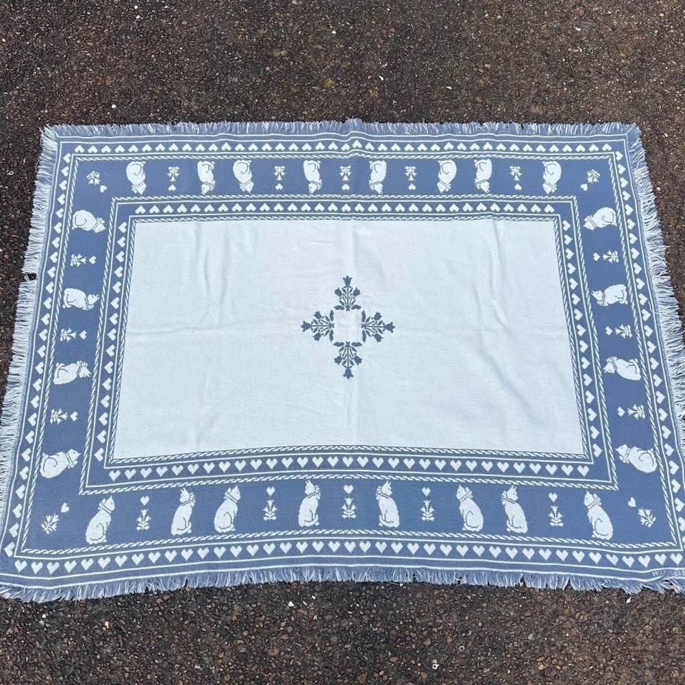 Vintage 1989 MWW Cats & Hearts Cottagecore Fringe Woven Tapestry Throw Blanket